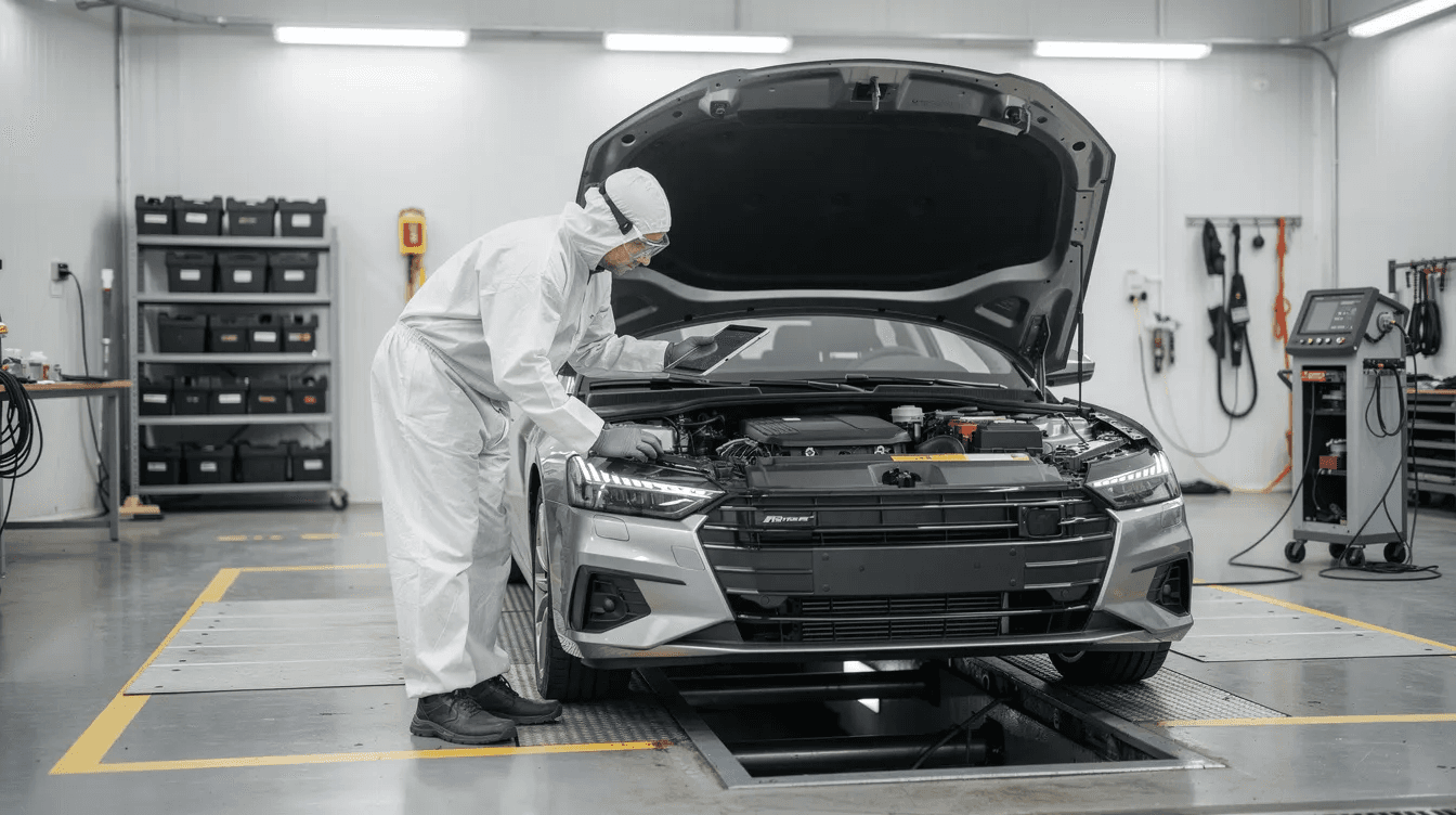 Un professionnel en combinaison inspecte minutieusement une voiture dans un centre de traitement de véhicules hors d'usage (VHU), en vérifiant les documents nécessaires comme la carte grise et le certificat de destruction. L'environnement est organisé pour faciliter la procédure de recyclage des véhicules.