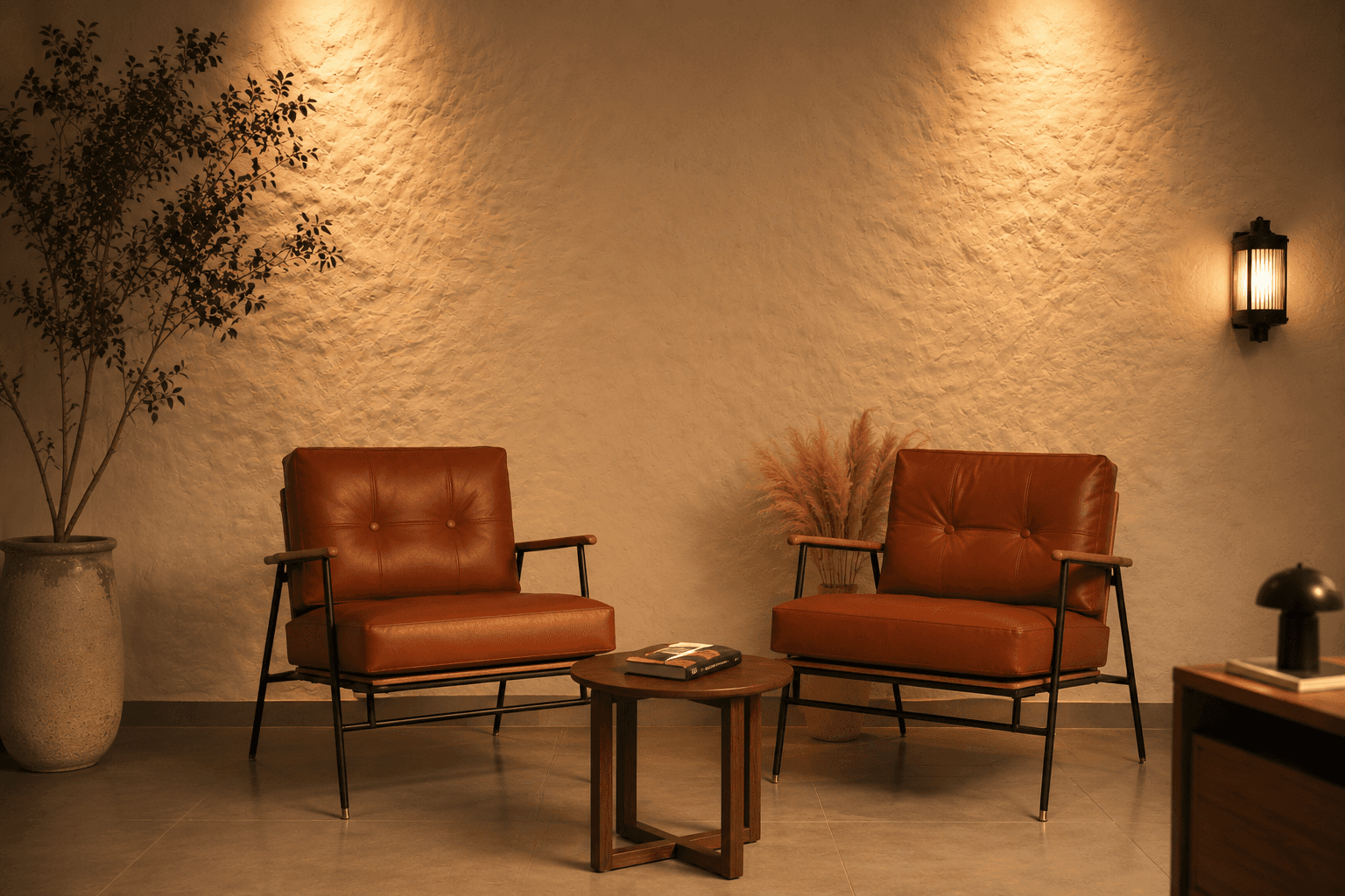 a table with a lamp and a chair in a room with windows