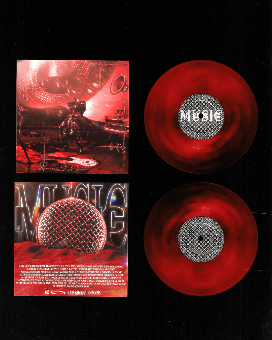 Concept album cover art for 'I AM MUSIC' by Playboi Carti, featuring a bold and striking design. The artwork includes the tracklist layout, vinyl record design, and merch redesign, showcasing a cohesive visual identity perfect for fans of experimental hip-hop and alternative music aesthetics