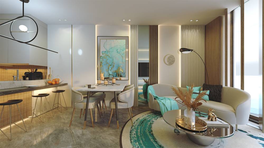 Stylish living room showcasing white furnishings and a big TV, set in the elegant Samana Santorini.