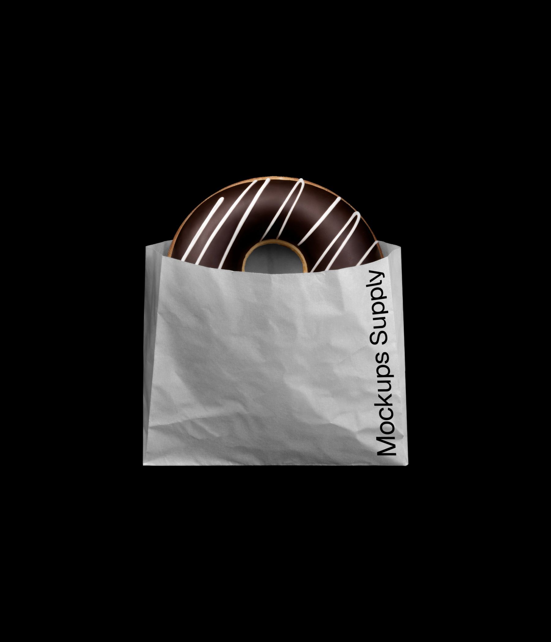 Chocolate donut in white paper bag packaging mockup on black background for Photoshop download psd
