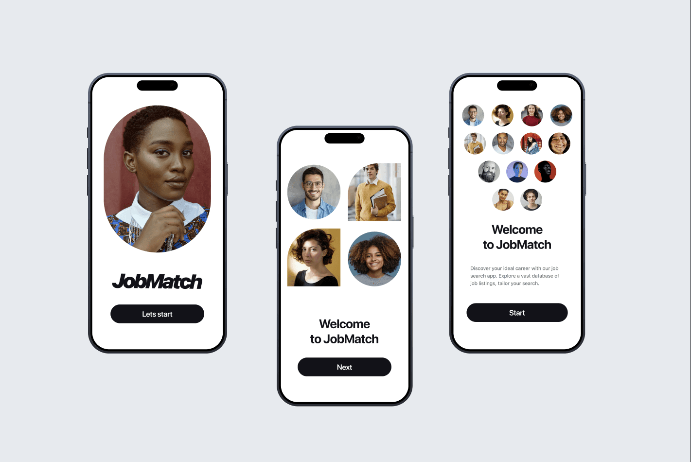 3 mobile screens for a job portanl app