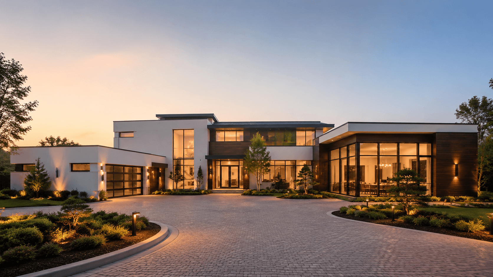 Modern home exterior at sunset