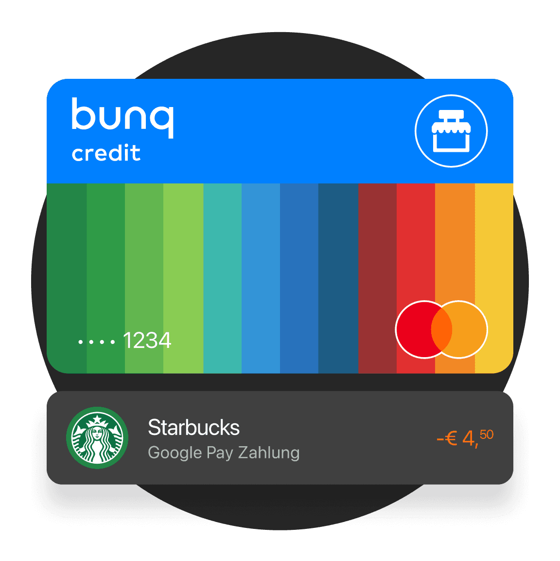 Eine moderne Kreditkarte mit einer blauen Oberseite und einem farbenfrohen Streifendesign unten, ausgestattet mit einem Logo und Kartendetails.