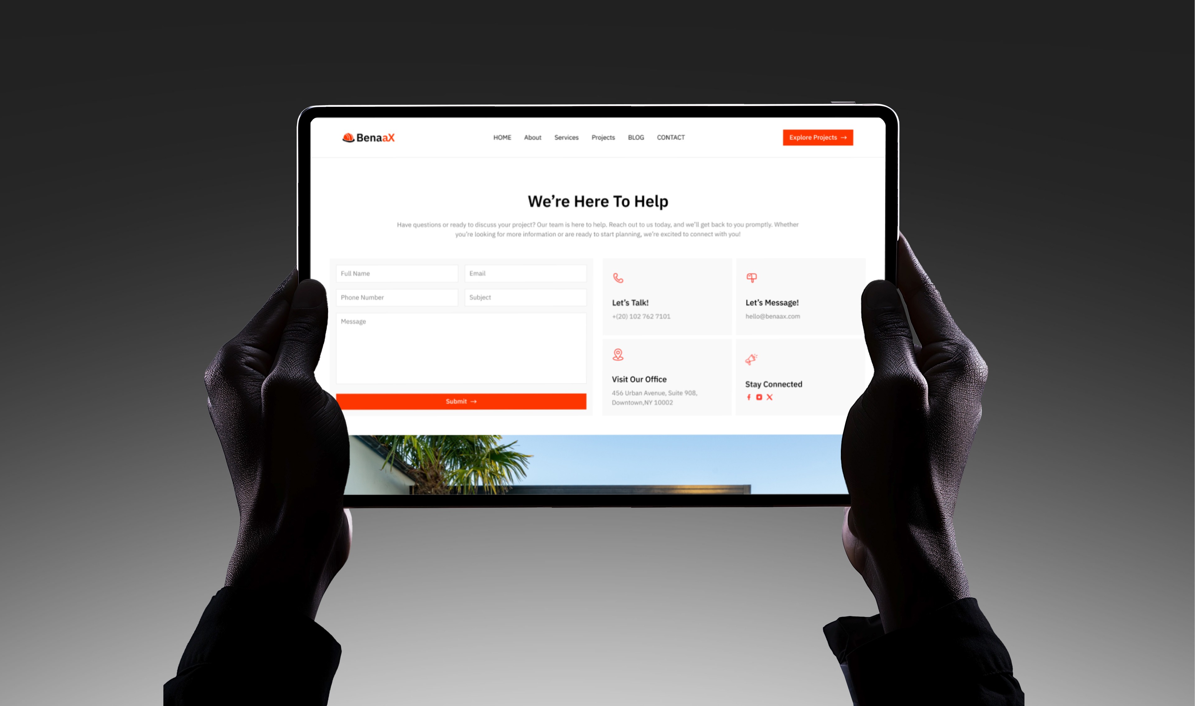 Hands holding tablet displaying a website for home insurance. The website shows a form to get a quote.