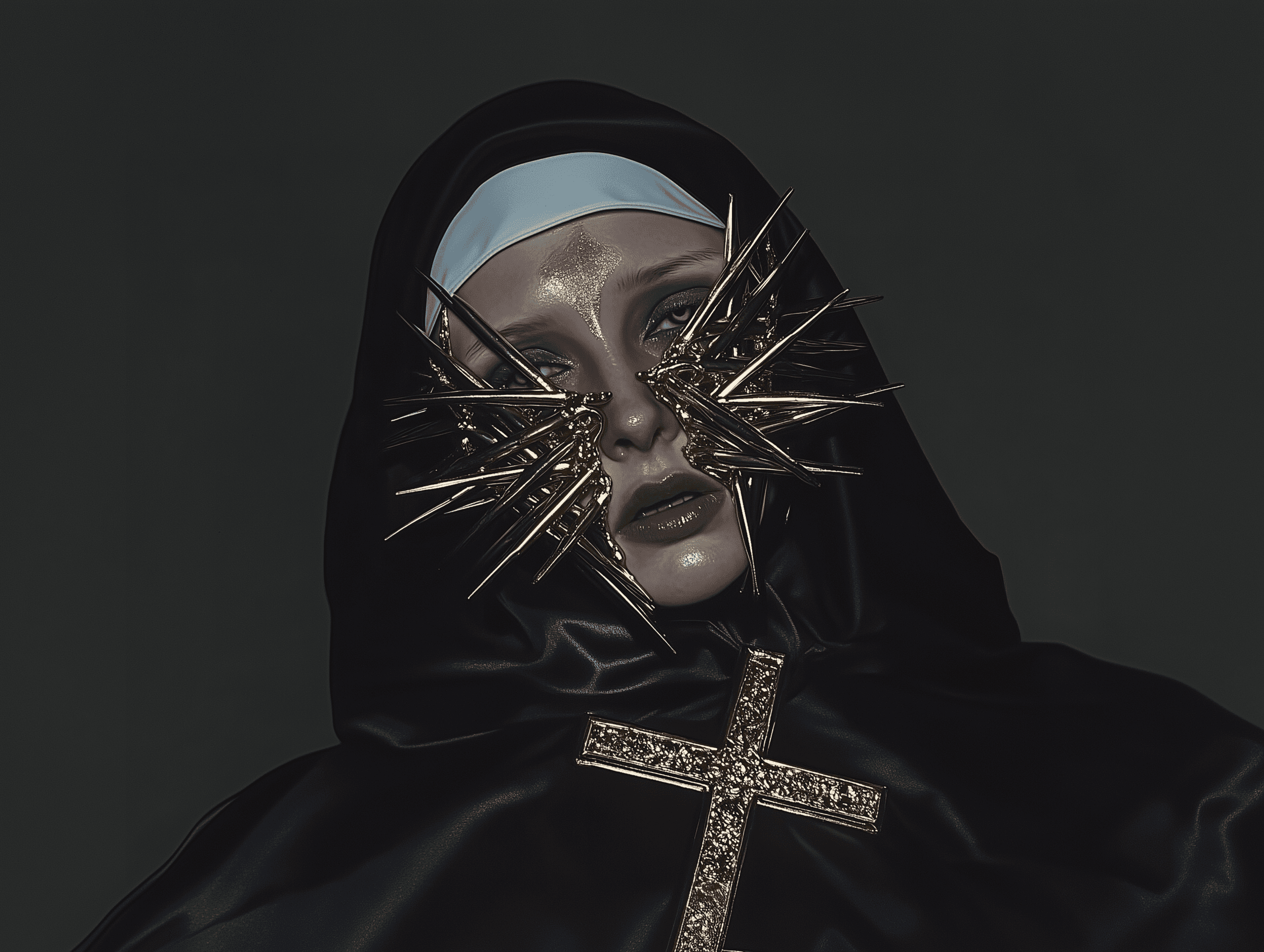 A nun with metal chrome thorns covering her face, 80s vibes, a dark and eerie atmosphere. The gold cross on her neck is made of metallic thorns, black background, religious art, with a cinematic quality.