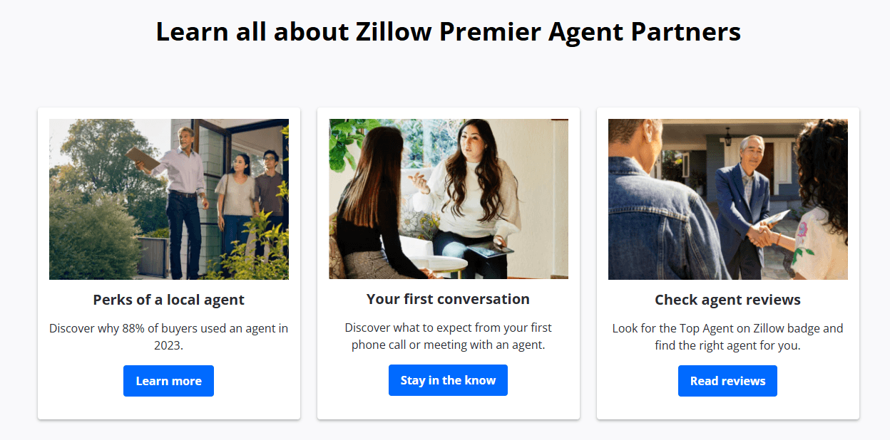 a section of the Zillow the real estate landing page that shares different resources.