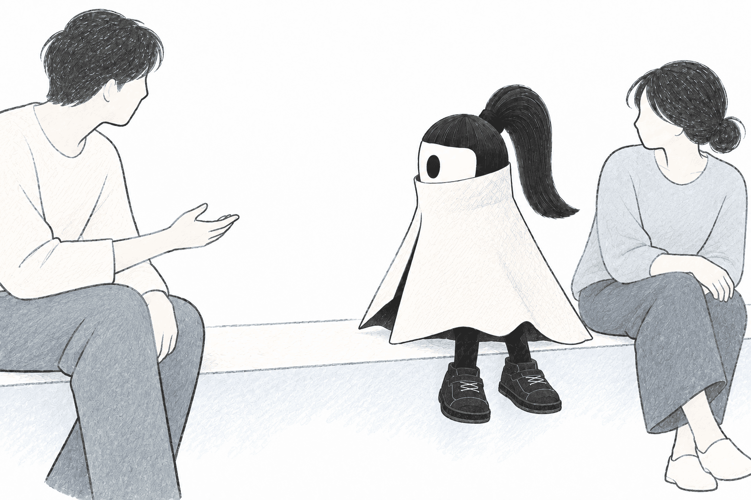 二人の生活者とUpsetterが腰掛けて話し、隣にもう一人が加われる空席を残している。
