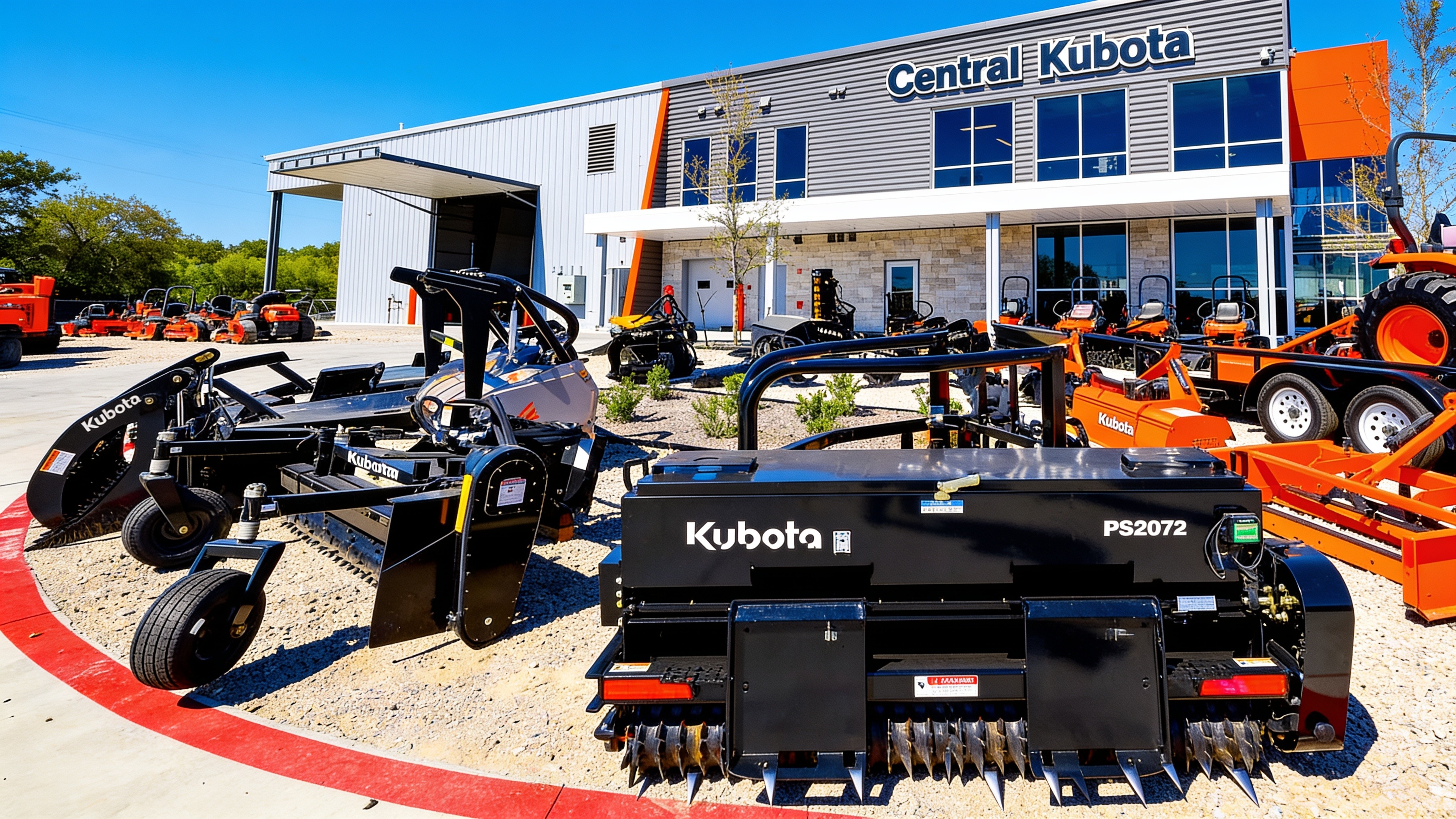 Kubota-style equipment dealership with an open hydraulic commercial door