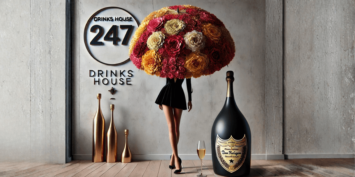 Elegant Champagne bottle with flowers, representing Drinks House 247’s luxury Champagne delivery service in London.