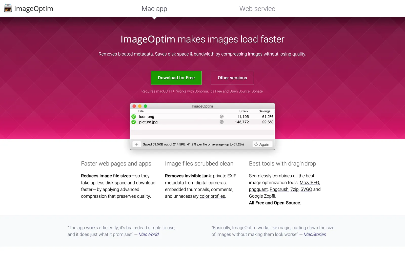 ImageOptim macOS app showing file size savings