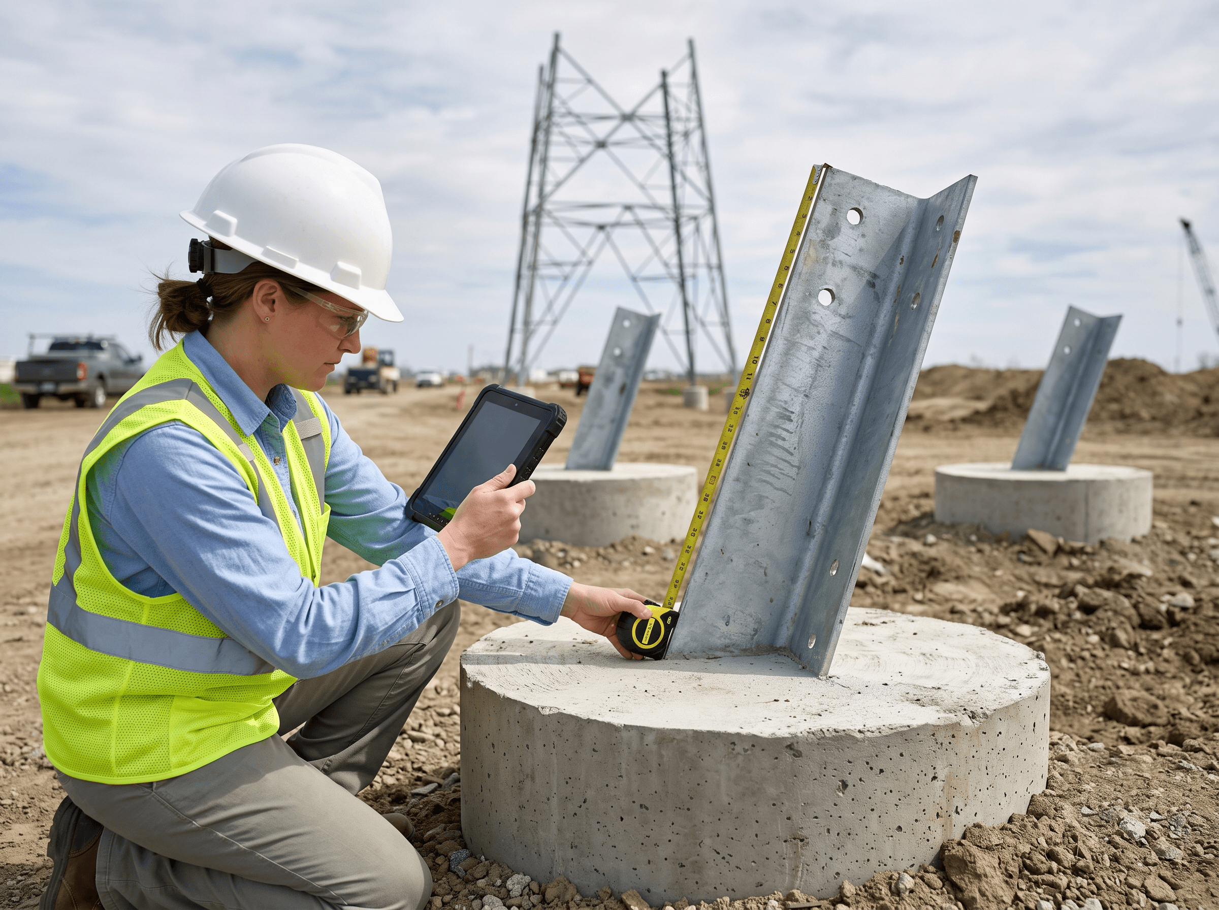 A worker in a hard hat and reflective vest checks a smartphone and tablet near solar panels in a field.