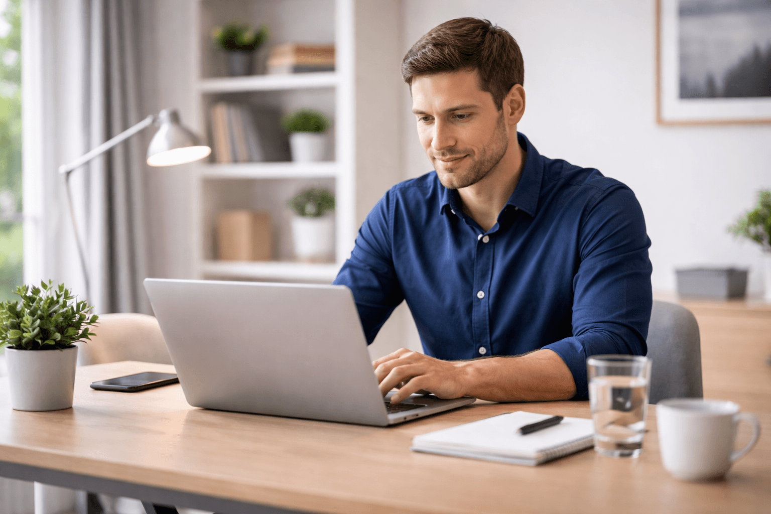 professional working remotely on a laptop in a clean home office, focused and productive