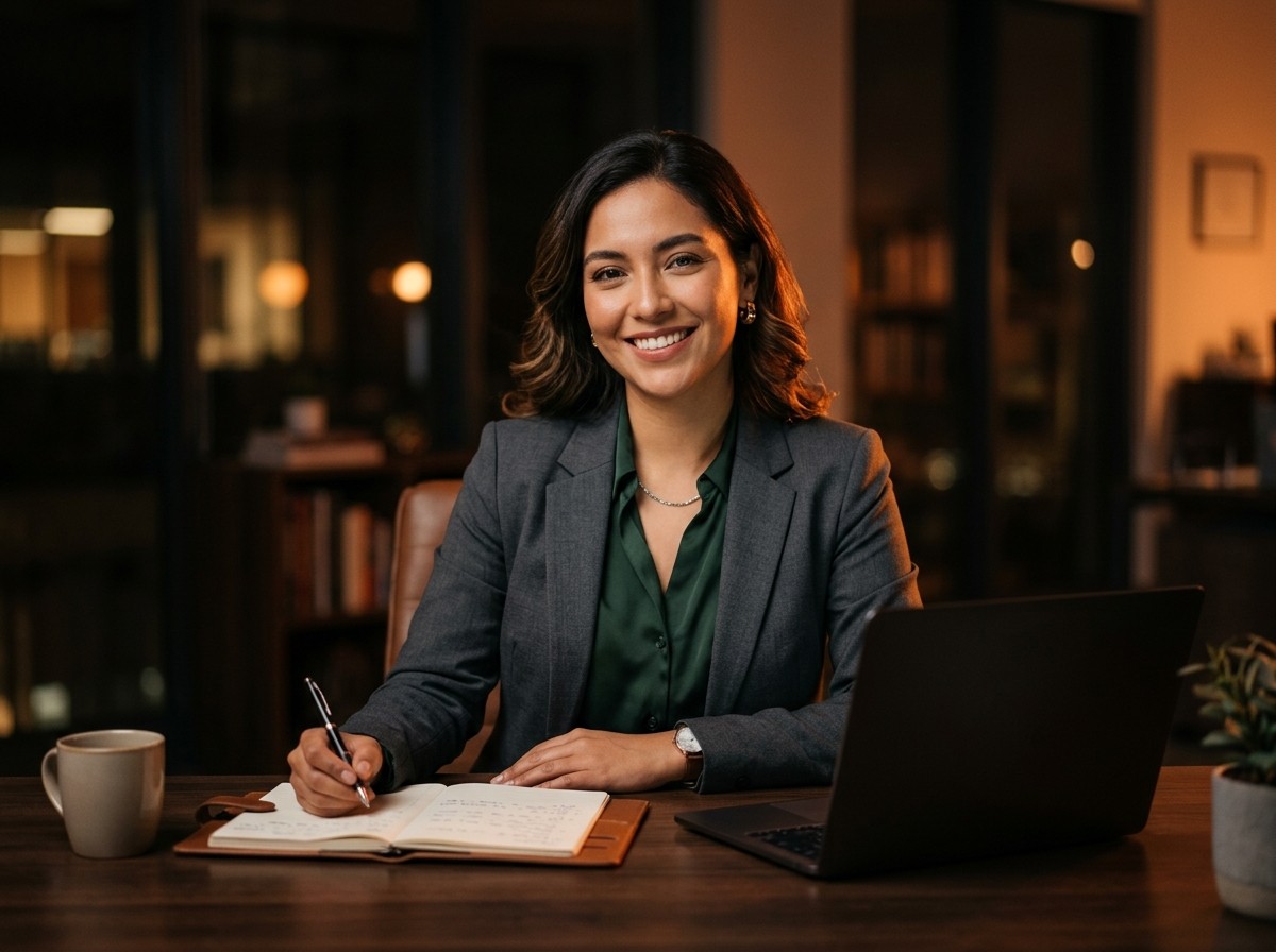 Woman in business suit writing in notebook smiling