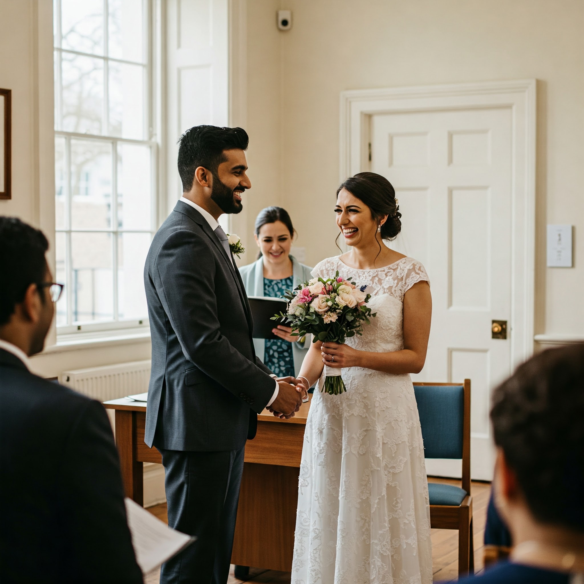 Ein intimer Moment der Eheschließung: Ein Paar, er in Anzug, sie in Brautkleid, gibt sich das Ja-Wort in einem schlichten, aber eleganten Standesamt.