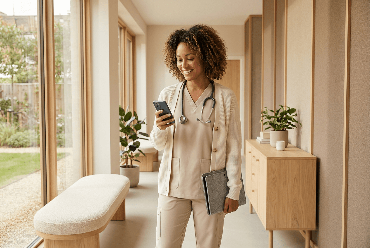 Doctor texting on her phone while walking