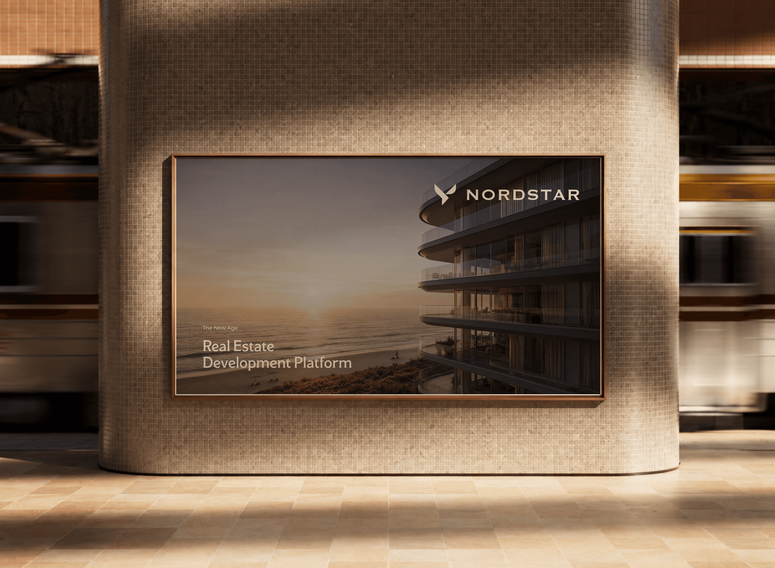 Nordstar project mockup featuring a tablet displaying a branded digital interface on a textured white surface.