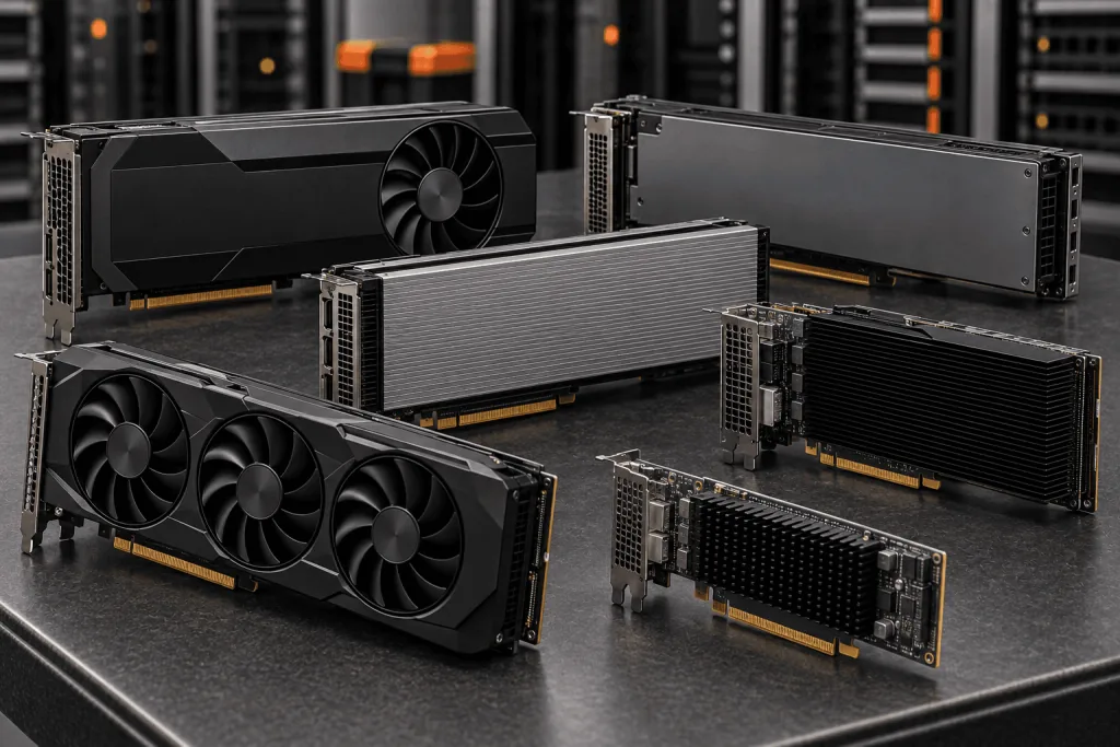 GPUs and PCIe accelerators — representative unbranded enterprise cards