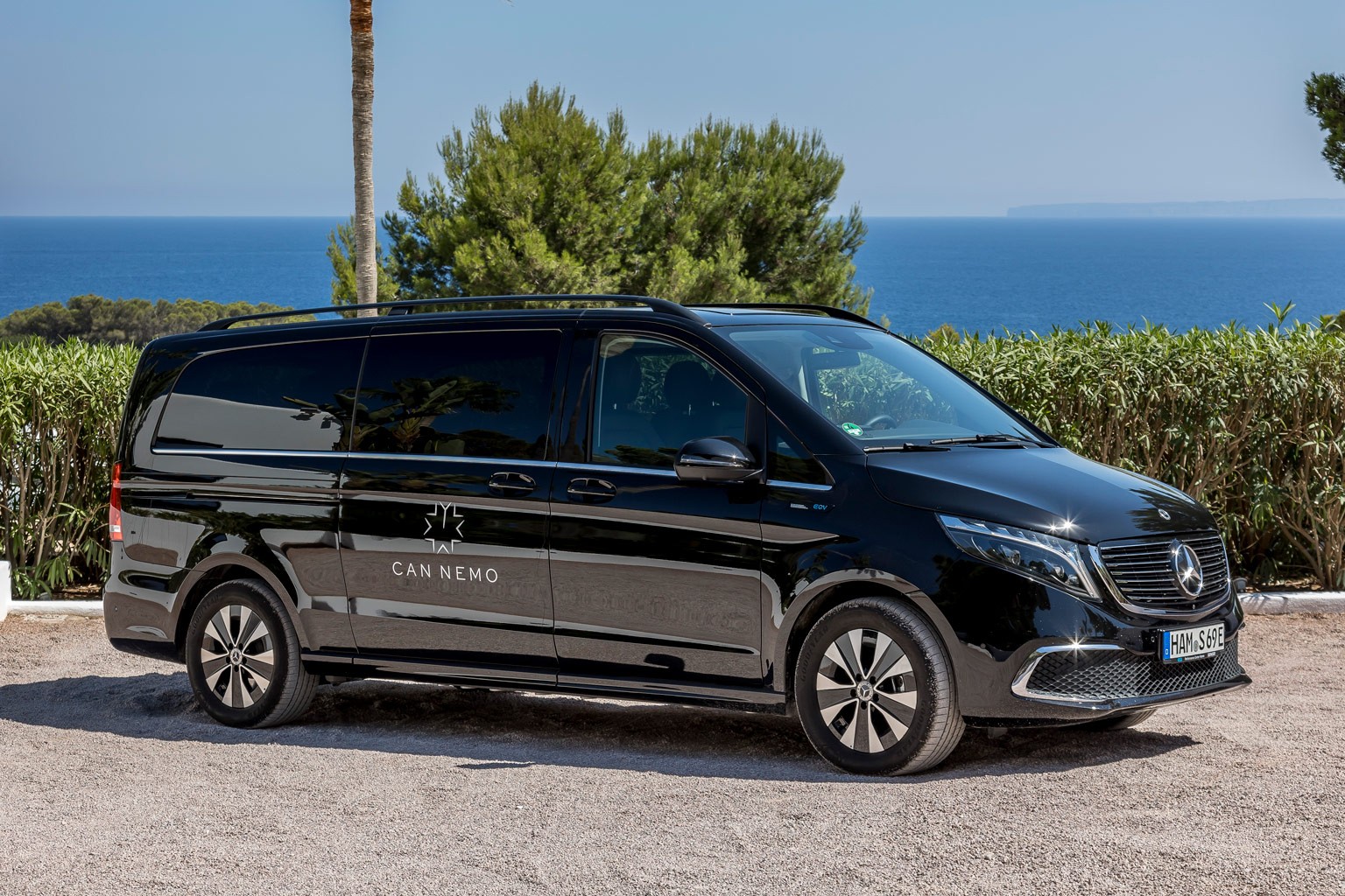 V-Class Mercedes luxury van parked at an exclusive luxury villa Ibiza—private VIP estate property holiday retreat