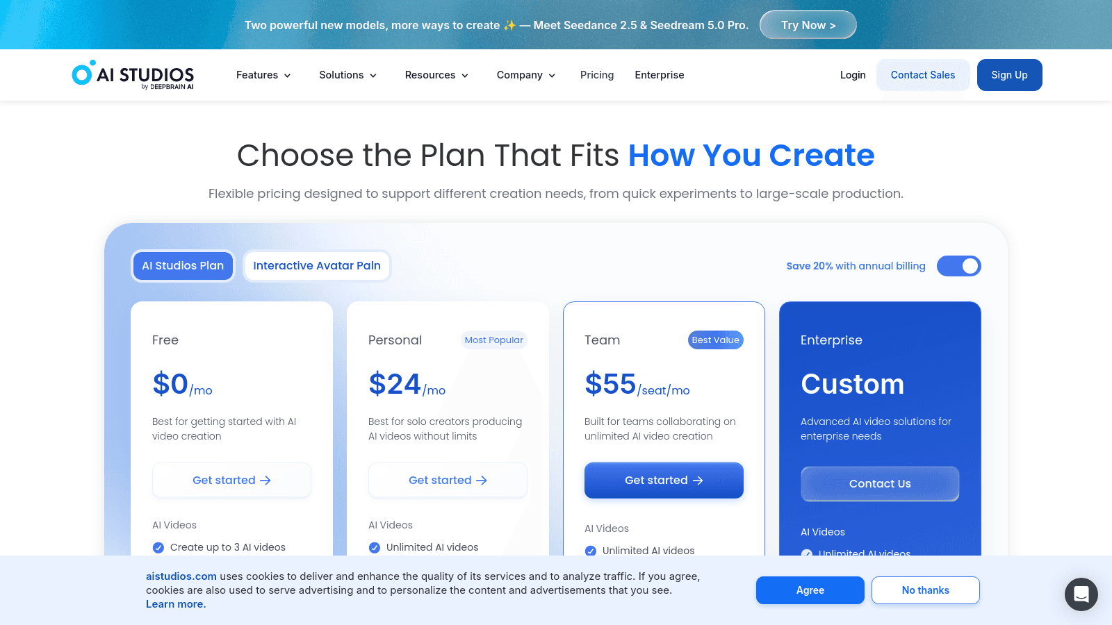The pricing page for AI Studios showing subscription plans including Free, Personal, Team, and Enterprise options.
