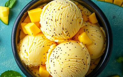Top view of bowl of ice cream scoops. Mango pieces scattered around bowl.