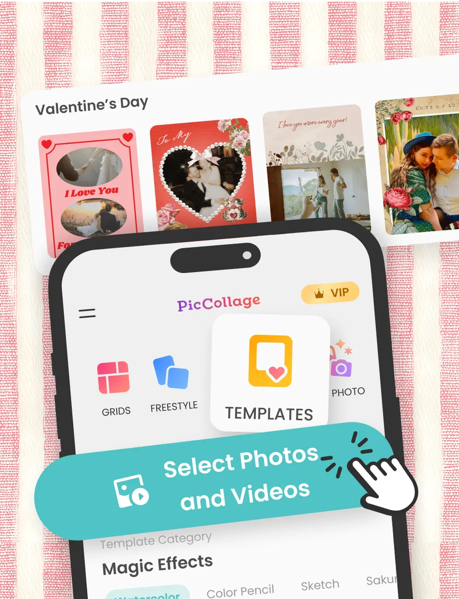 Personalized Valentine's Day greeting cards being made with photos and templates in the PicCollage app