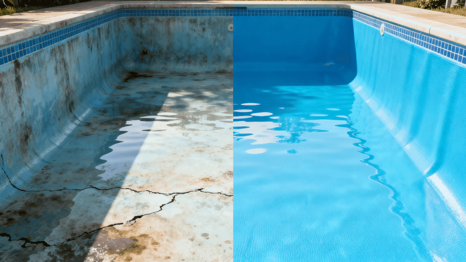 Comparison of a faded vinyl liner versus a well-maintained one showing the benefits of regular pool liner care.