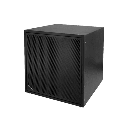 Black cube-shaped speaker with perforated front panel
