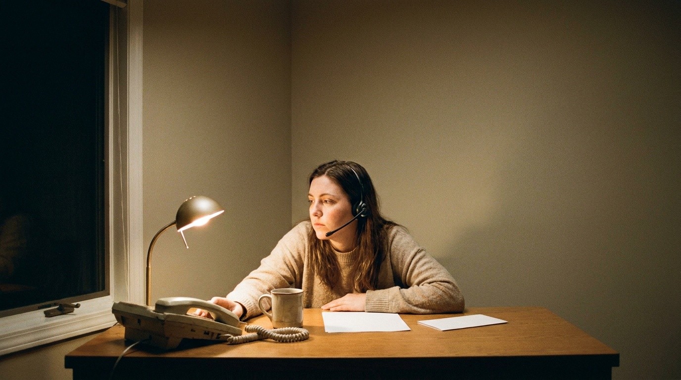 Home services dispatcher working a late shift alone at a lamplit desk with a headset and desk phone - the after-hours emergency calls nobody is left to answer