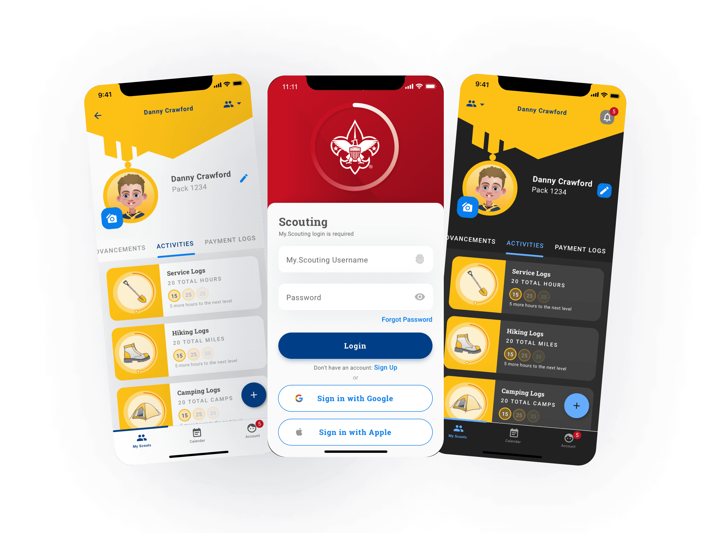 Three representative screens from the Scouting App.