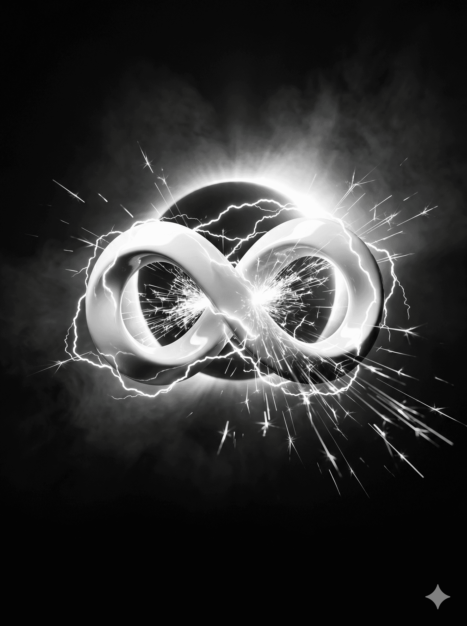 A dynamic, high-contrast black and white photograph of a large, polished white three-dimensional infinity symbol, suspended centrally in a dark, smoky void. Two bright white electric arcs leap across the center of the symbol, while a cascade of sharp white sparks and particle trails erupts outward, especially from the bottom-right. A mysterious, glowing circular halo is positioned directly behind and above the symbol, creating dramatic rim lighting. The background is a textured, dark cloud-like void