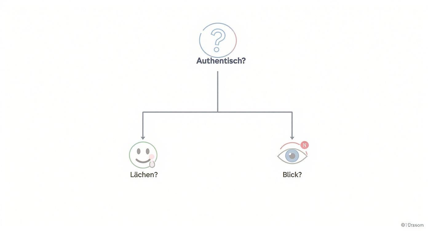 Infografik, die als Entscheidungsbaum den Weg zum perfekten Gesichtsausdruck für ein Bewerbungsfoto aufzeigt.