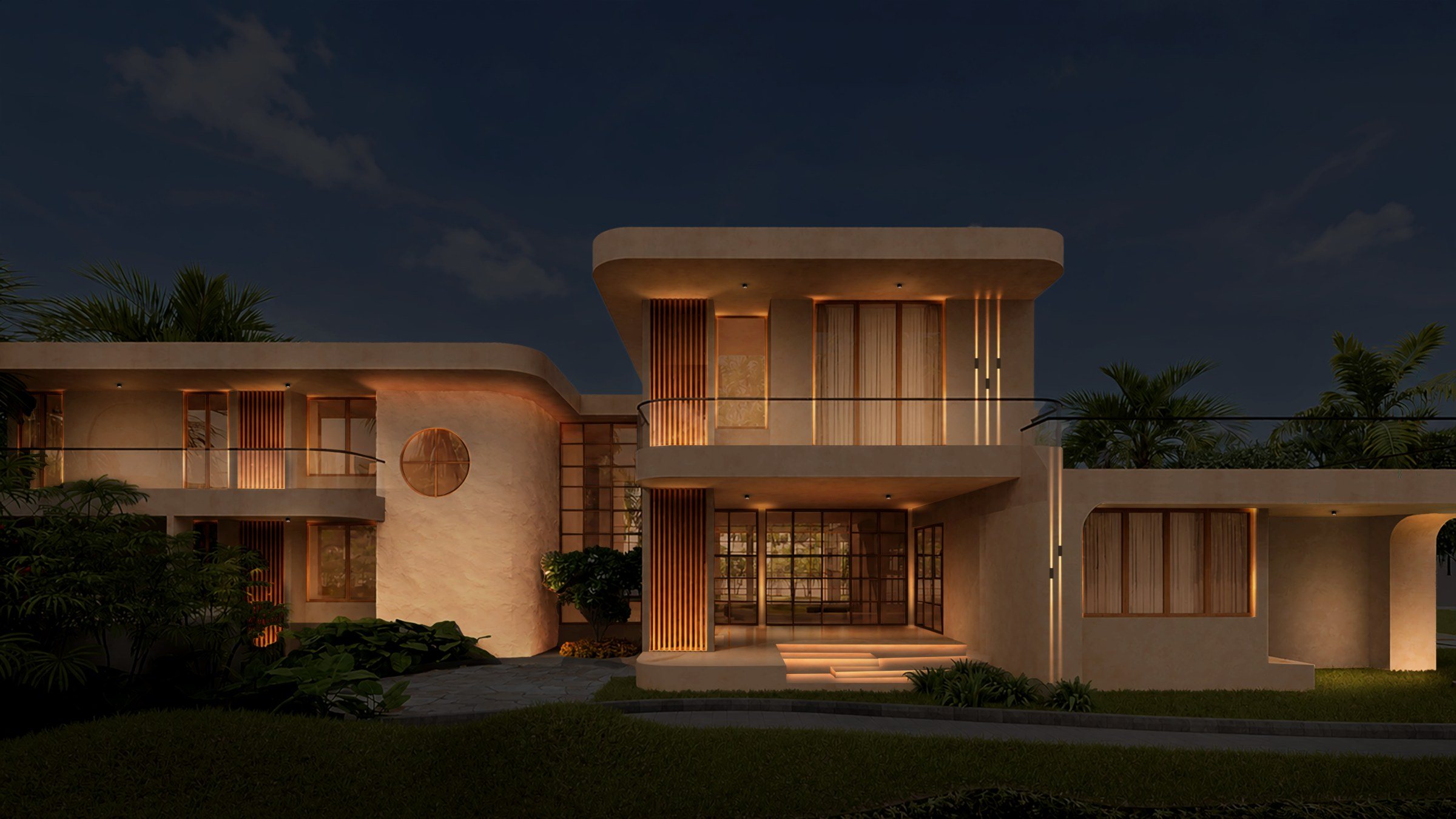 The same villa facade at night with the lighting concept, warm light grazing the walls and lighting the entrance steps