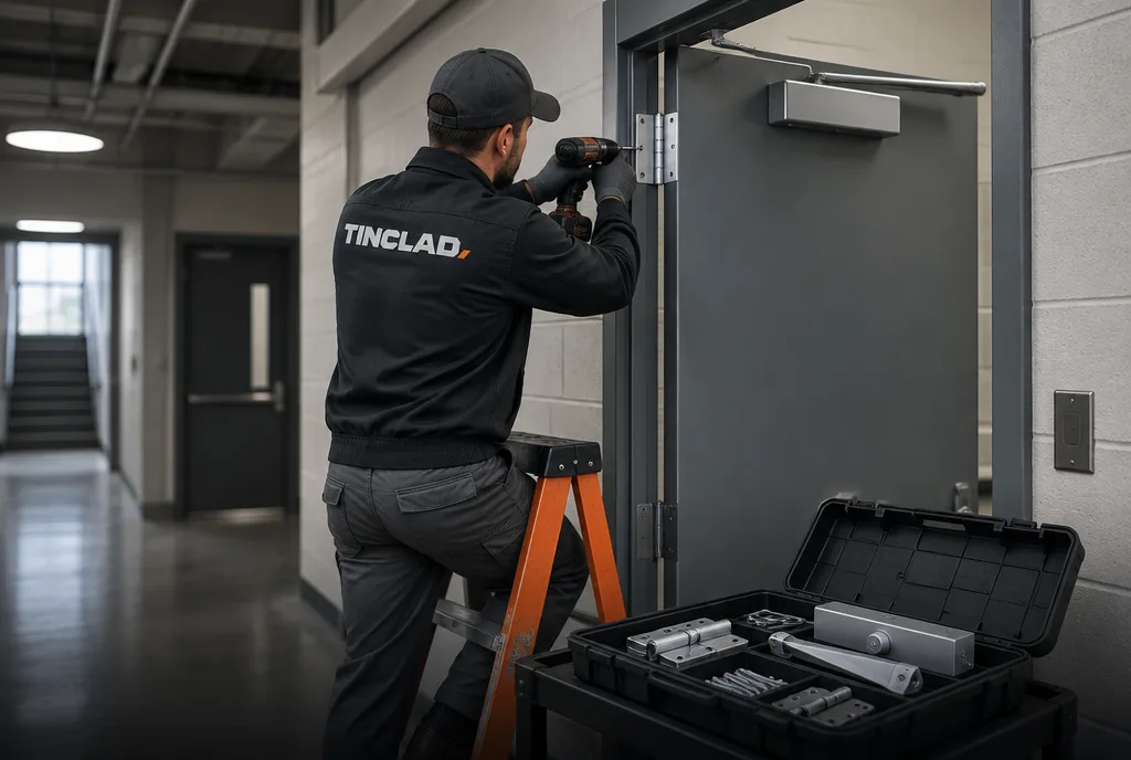 Tinclad technician repairing a fire door's hinges and closer.