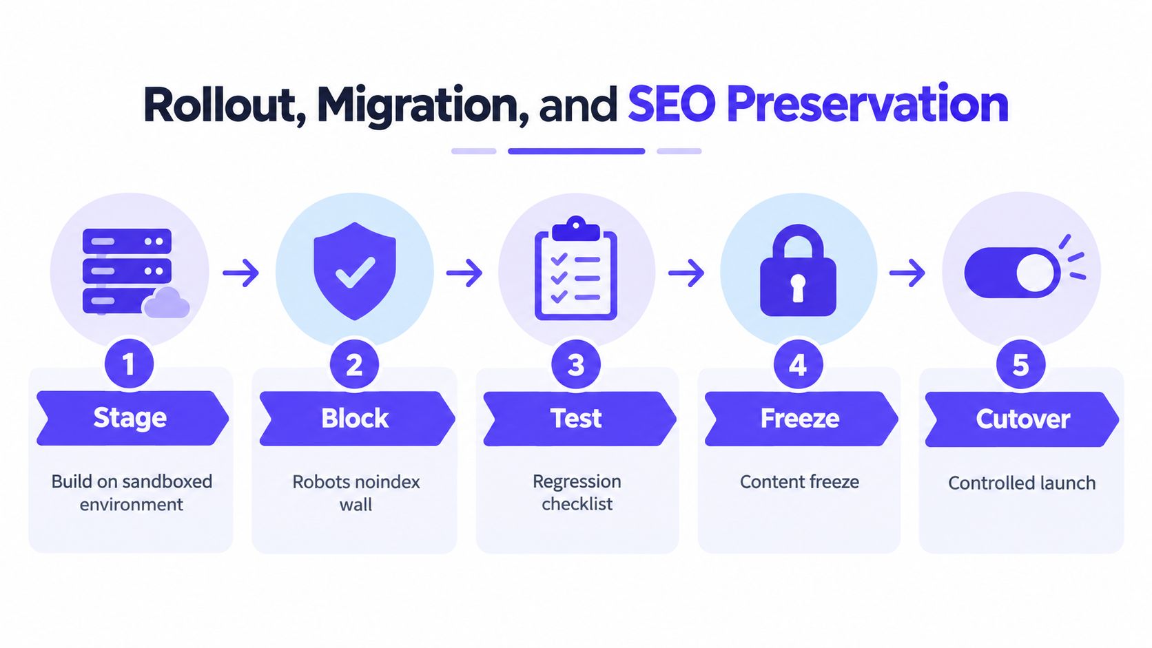 A five-step process diagram illustrating how to manage website migration while ensuring search engine optimization preservation.