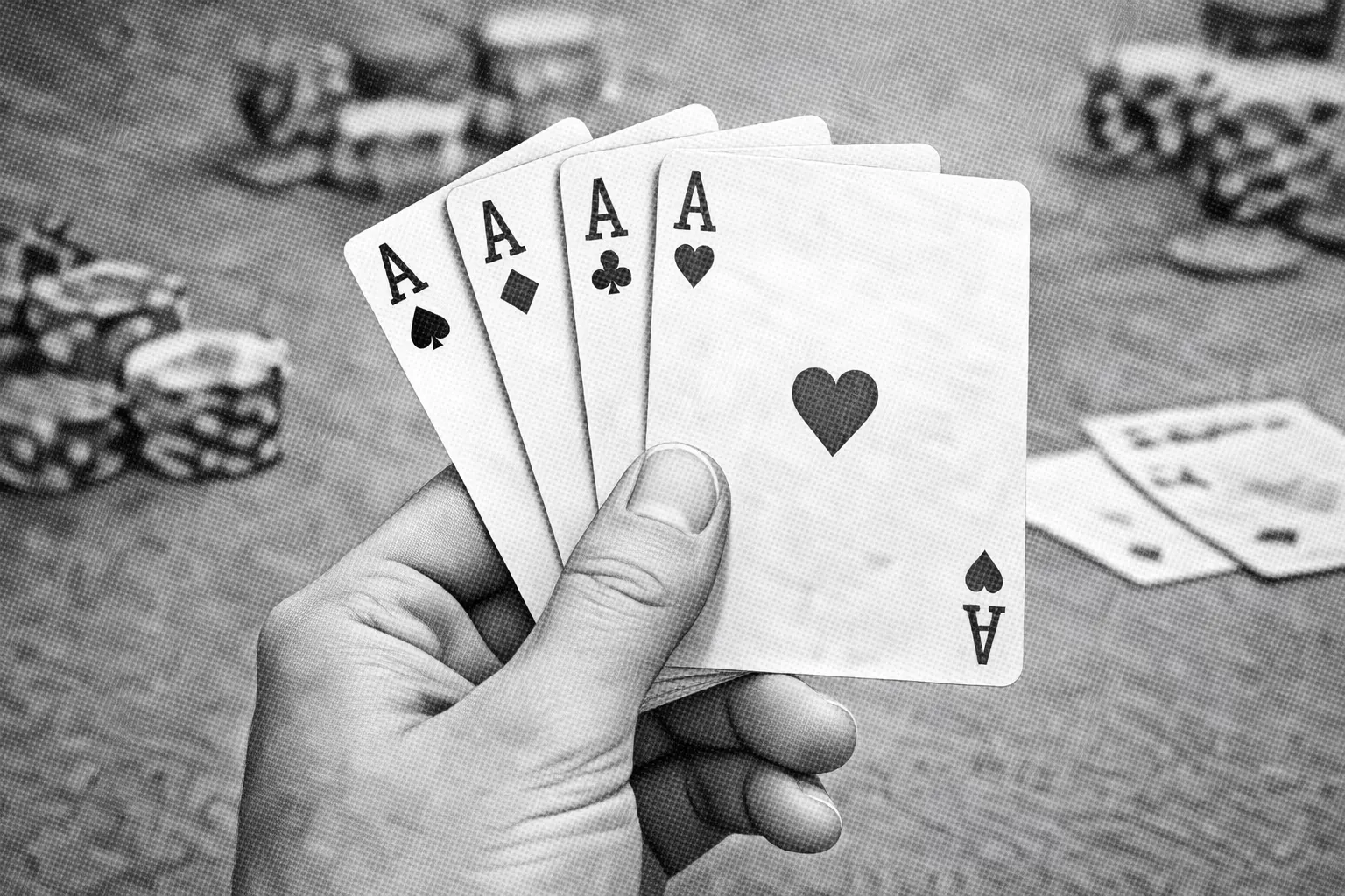 A hand holding four playing card aces, in monochrome colors. Cover image for local SEO expert case study.