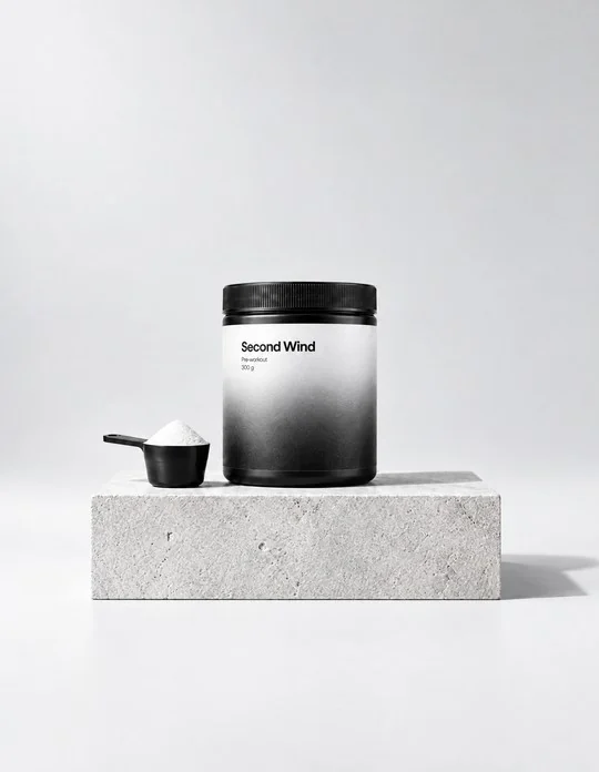 A Second Wind tub and a scoop of powder on a stone block.