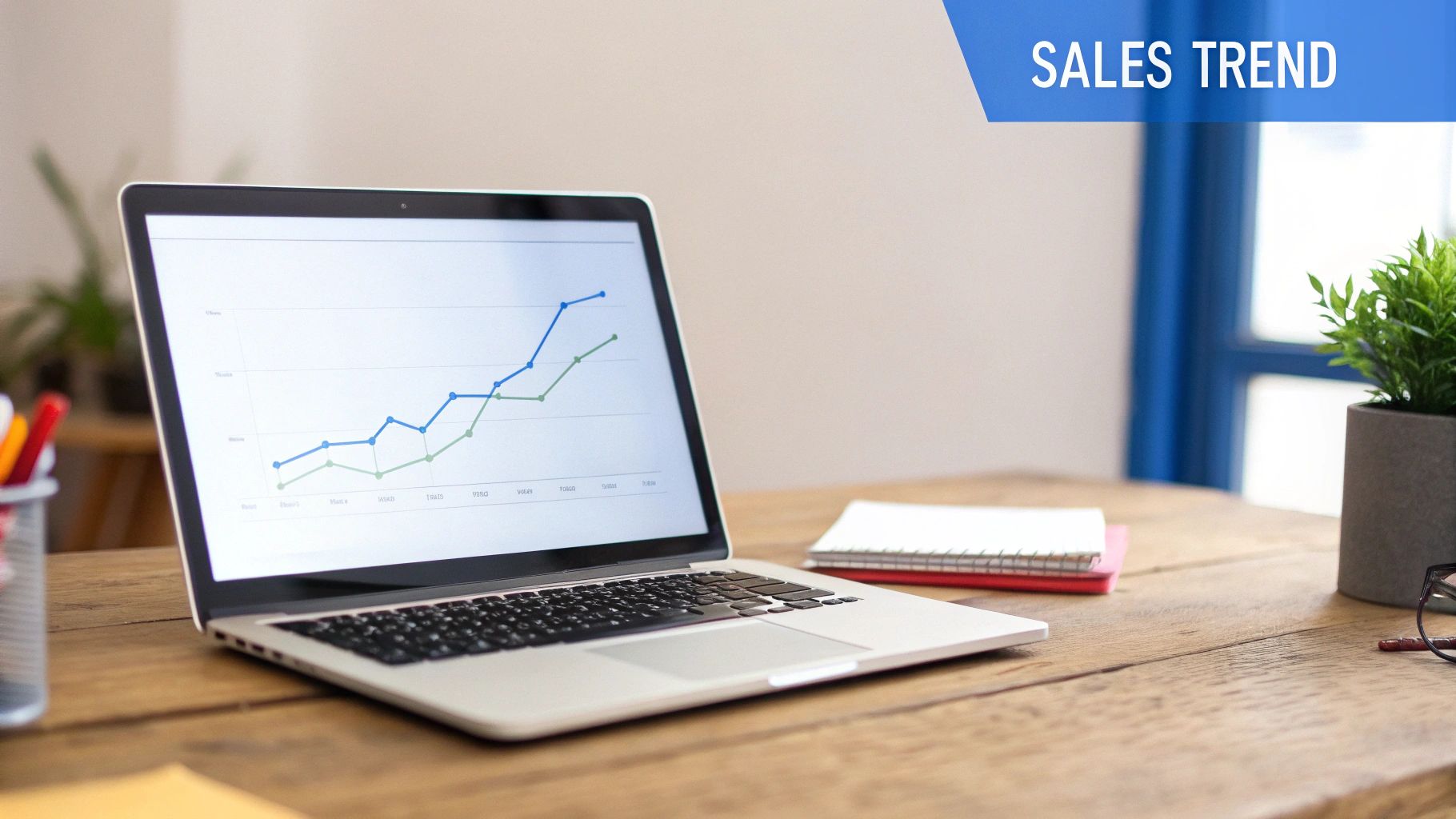 A laptop on a wooden desk displays a line graph showing sales trends, indicating business analytics.