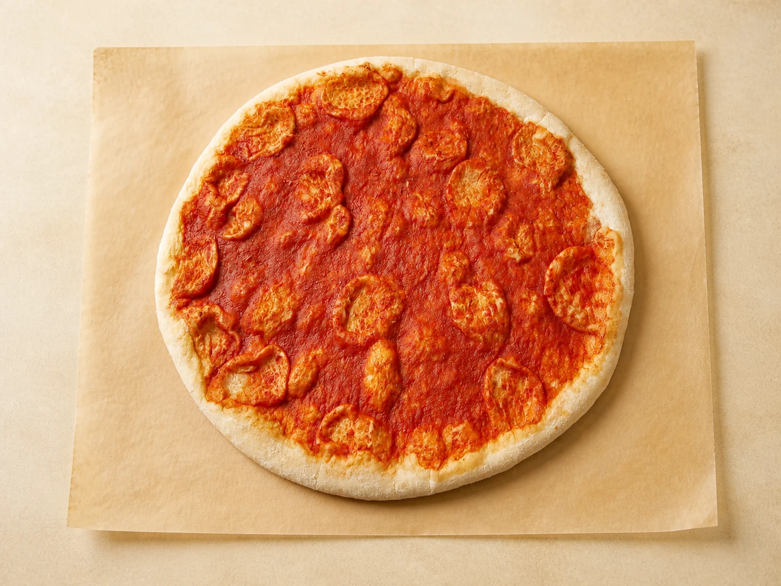 Ronde pizzabodem van Mangia Bene met tomatensaus en opstaande rand, op bakpapier