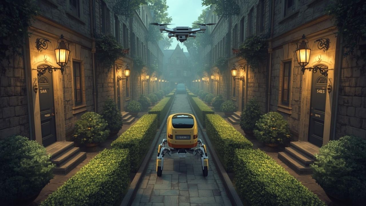 Futuristic delivery scene with a yellow autonomous robot vehicle and a flying drone in a narrow, lantern-lit residential alley lined with greenery and stone buildings