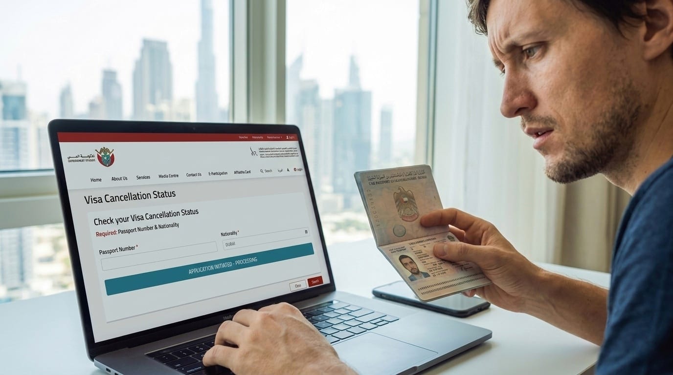 A man checks his UAE visa cancellation statys on the GDRFA Dubai portal through his laptop.