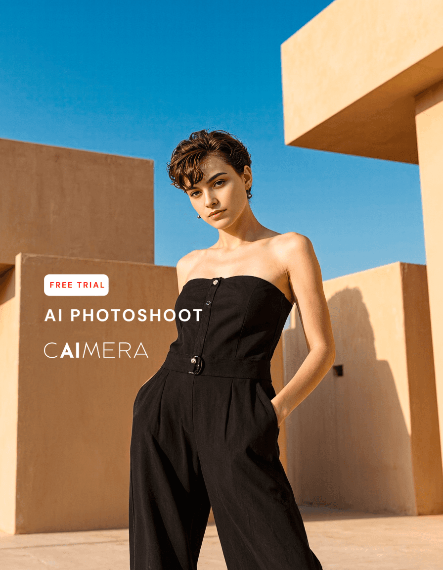 Sleek black strapless jumpsuit photographed against minimalist sandstone architecture with bright blue sky, showcasing summer fashion