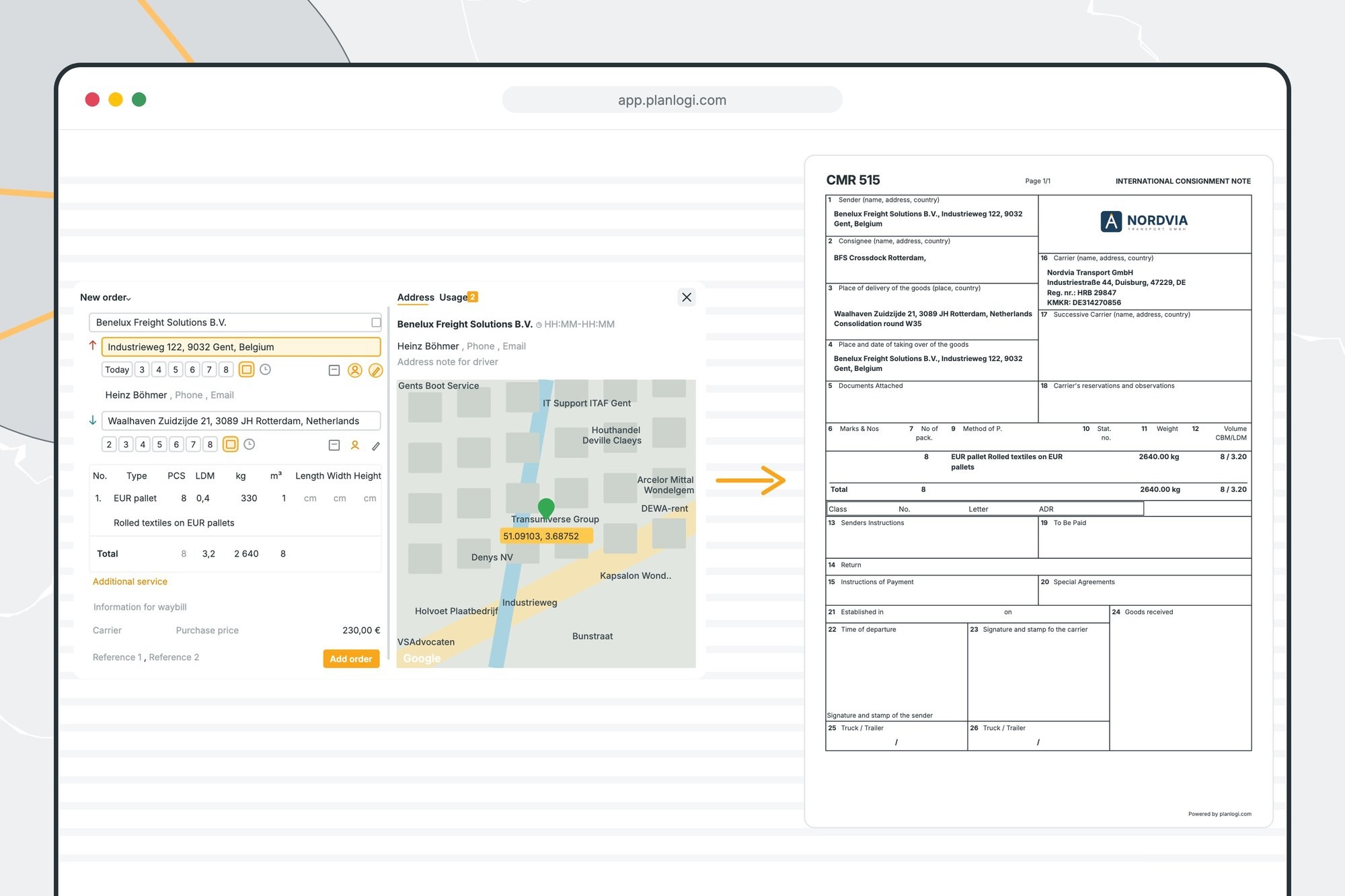 Planlogi new order form with an arrow pointing to the generated eCMR
