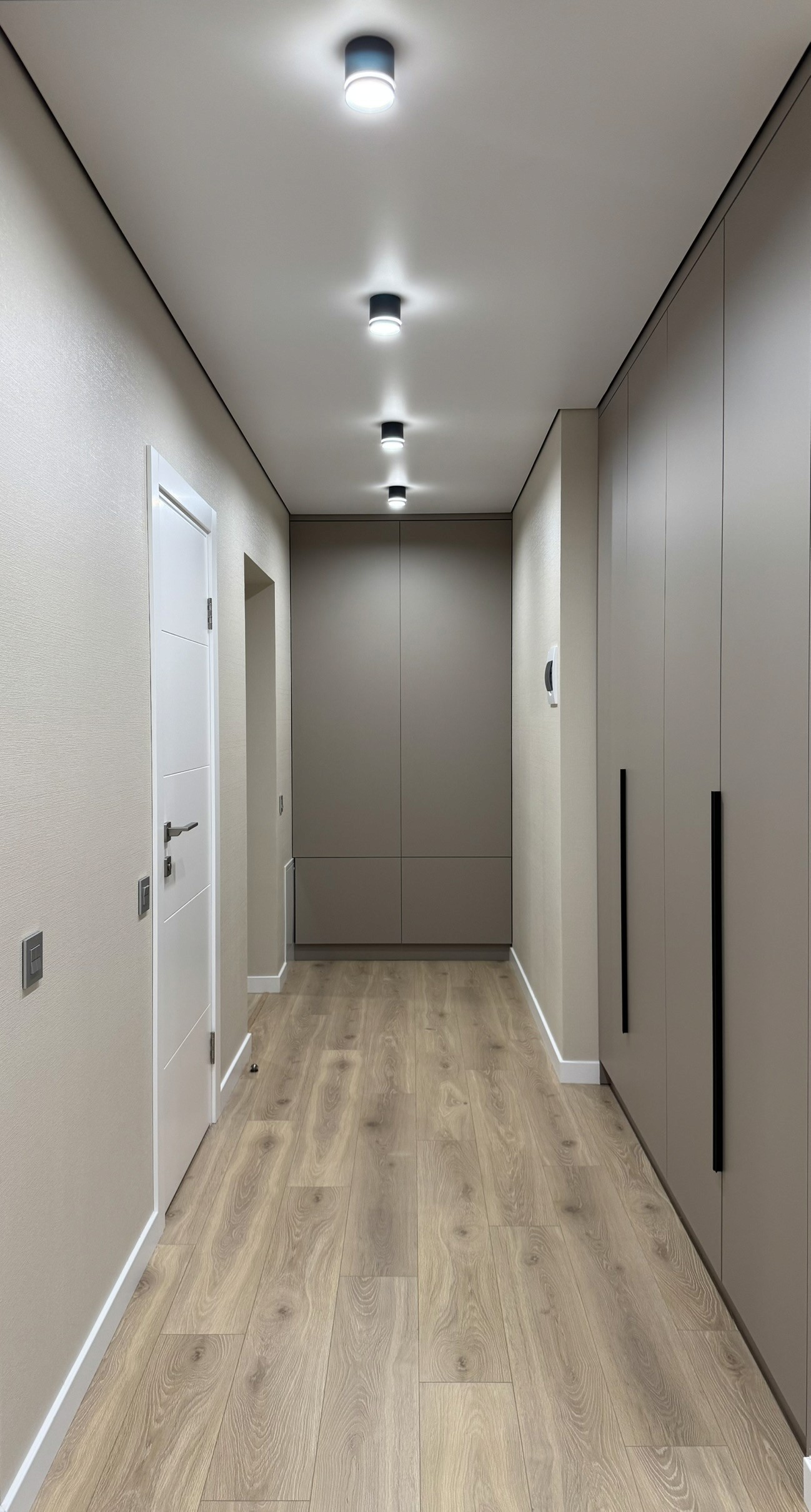 Коридор з вбудованими шафами у мінімалістичному стилі