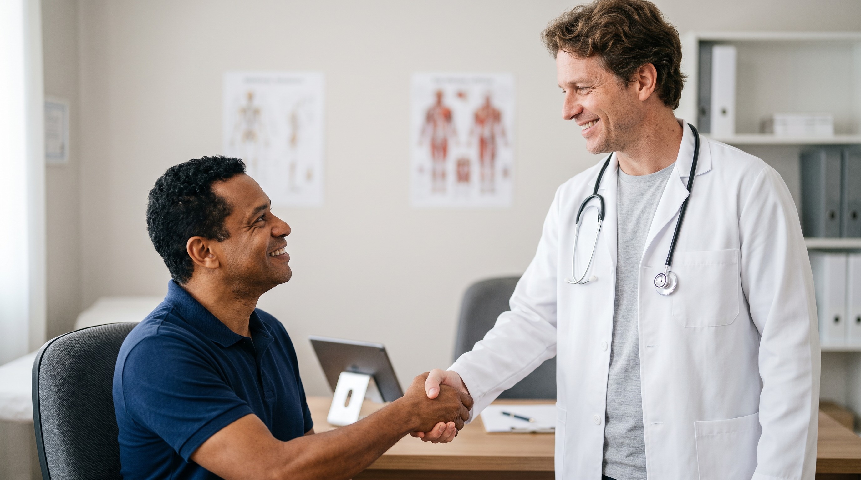 Médico cumprimentando paciente sorridente com aperto de mão em consultório