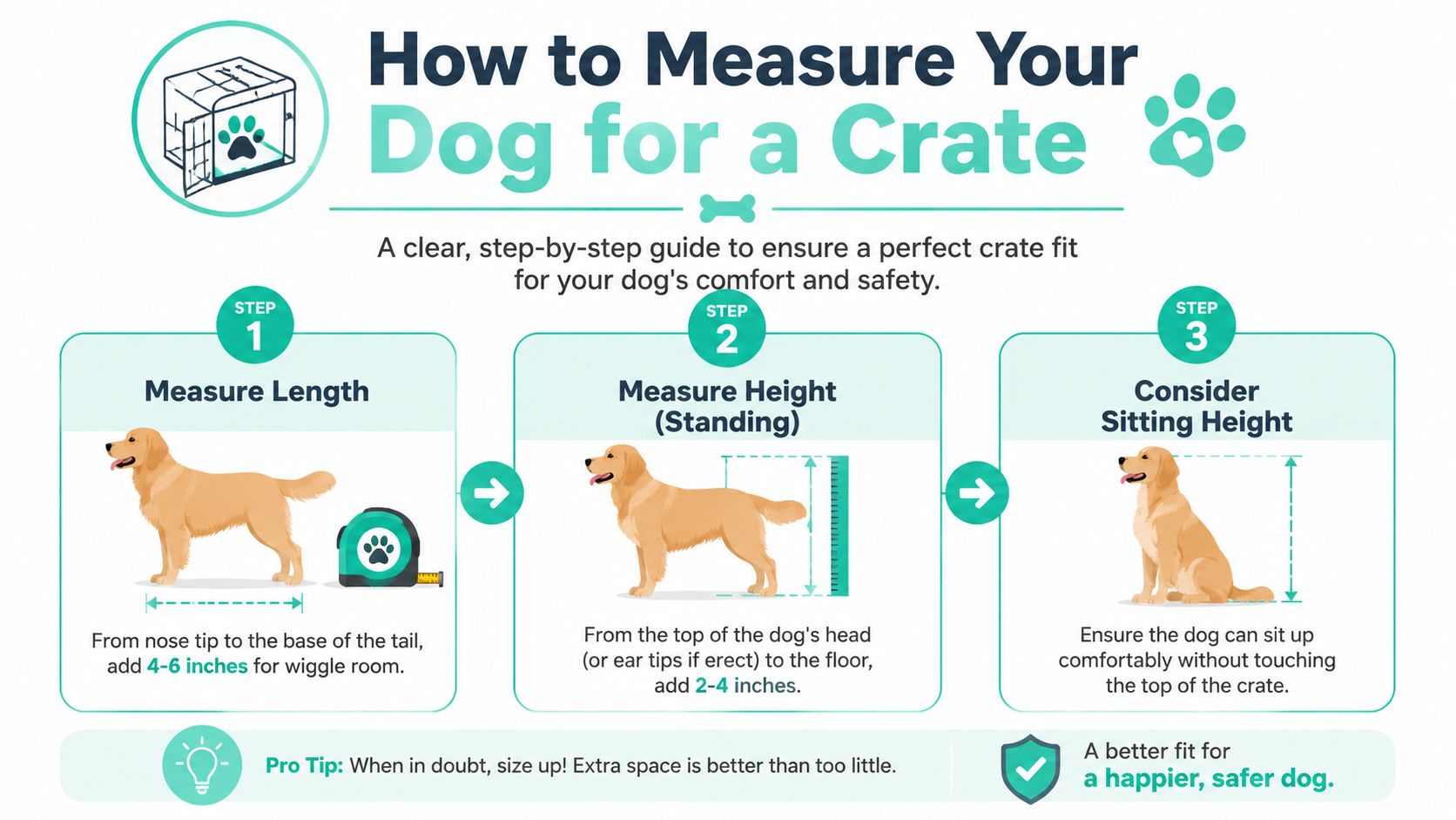 A clear infographic illustrating three simple steps to correctly measure your dog for a comfortable crate.