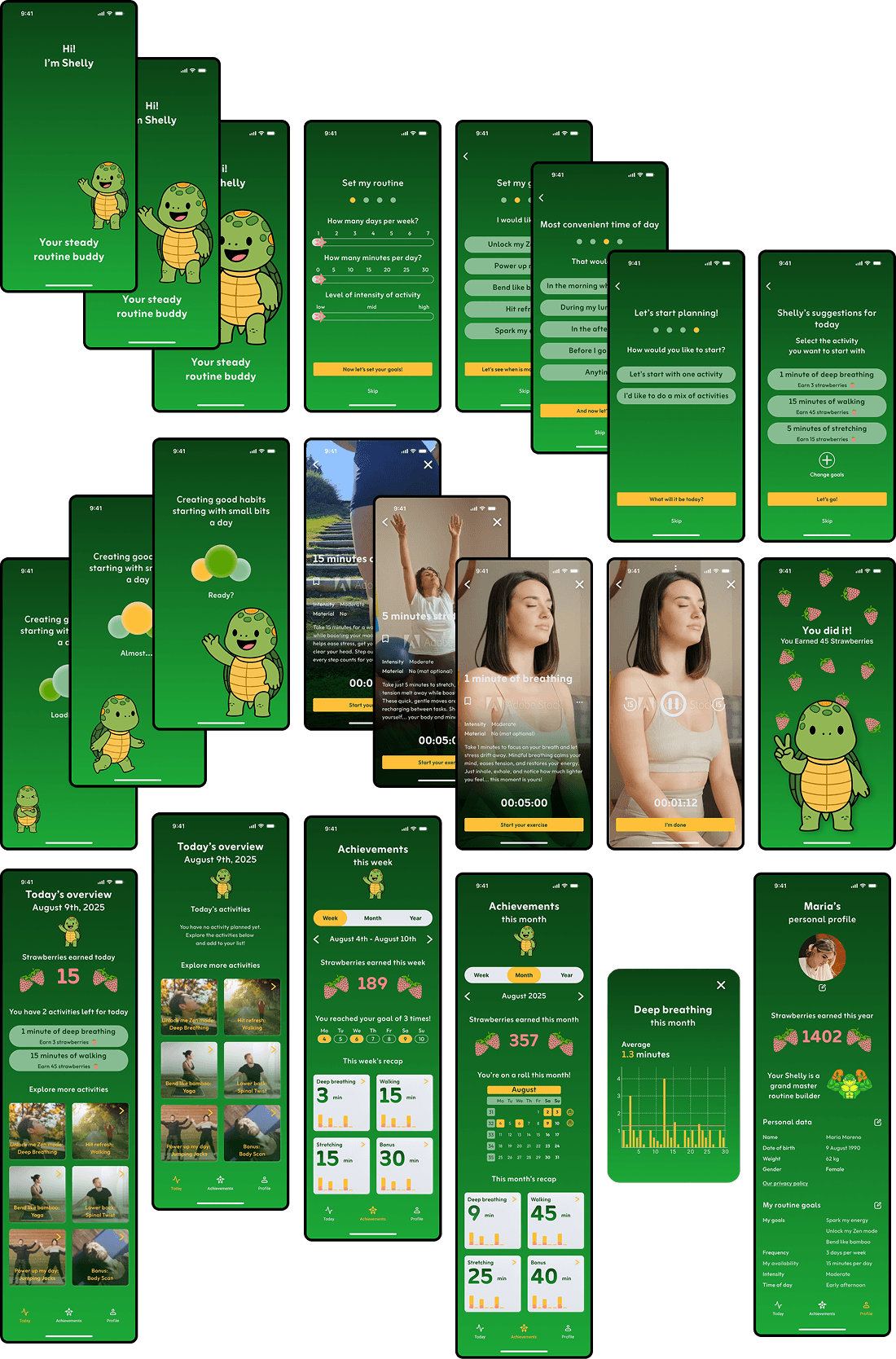 Grid of annotated final Figma screens for Shelly wellness app, displaying interactive components, progress feedback, user onboarding, routine setting, weekly overviews and personal achievement screens in green interface.