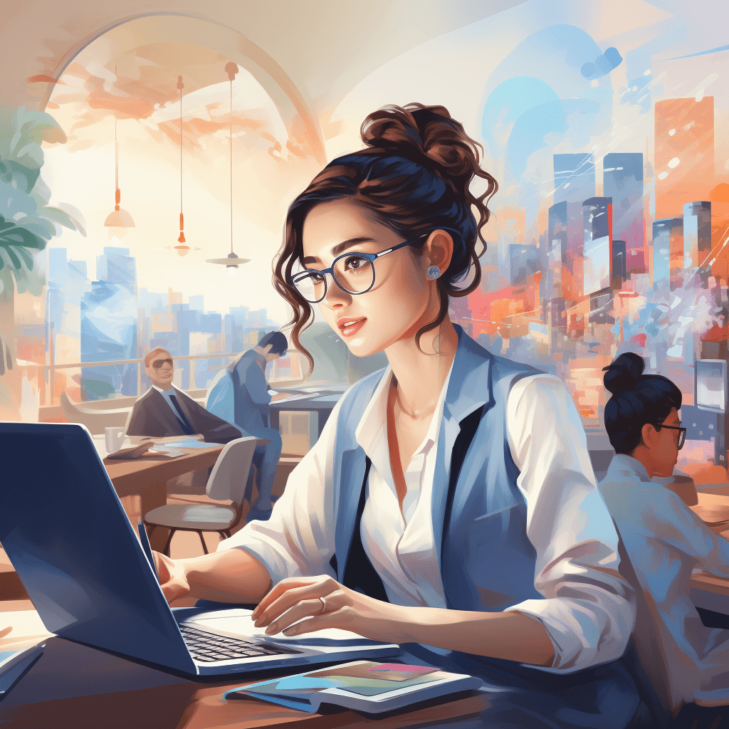 Illustration: Vicky Pirker mit Brille am Laptop im modernen Büro, digitale Services.