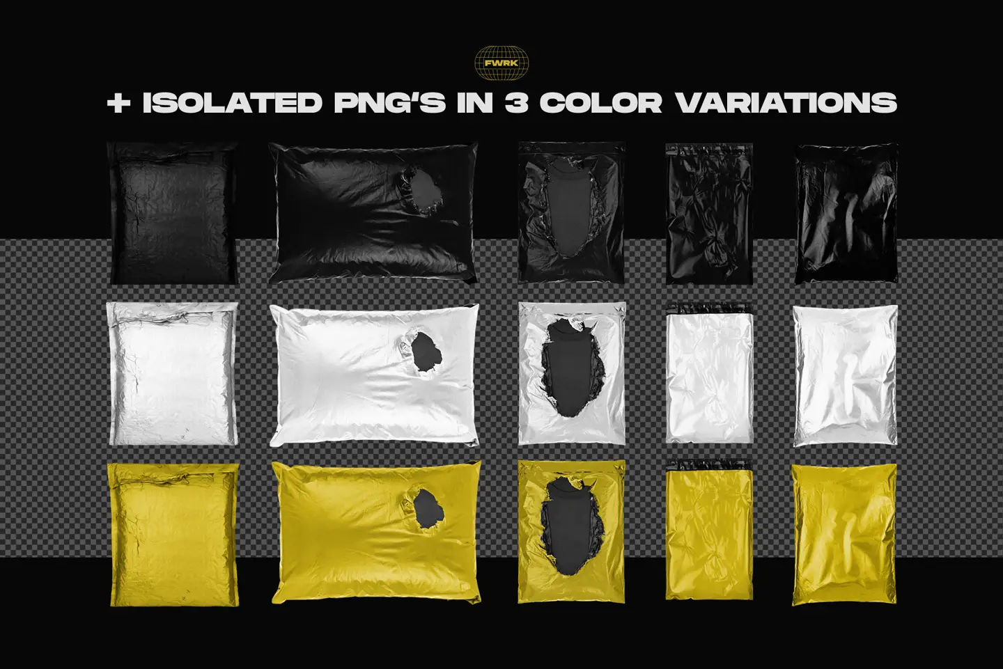Parcel delivery bag mockups isolated PNG assets in black white and yellow colors
