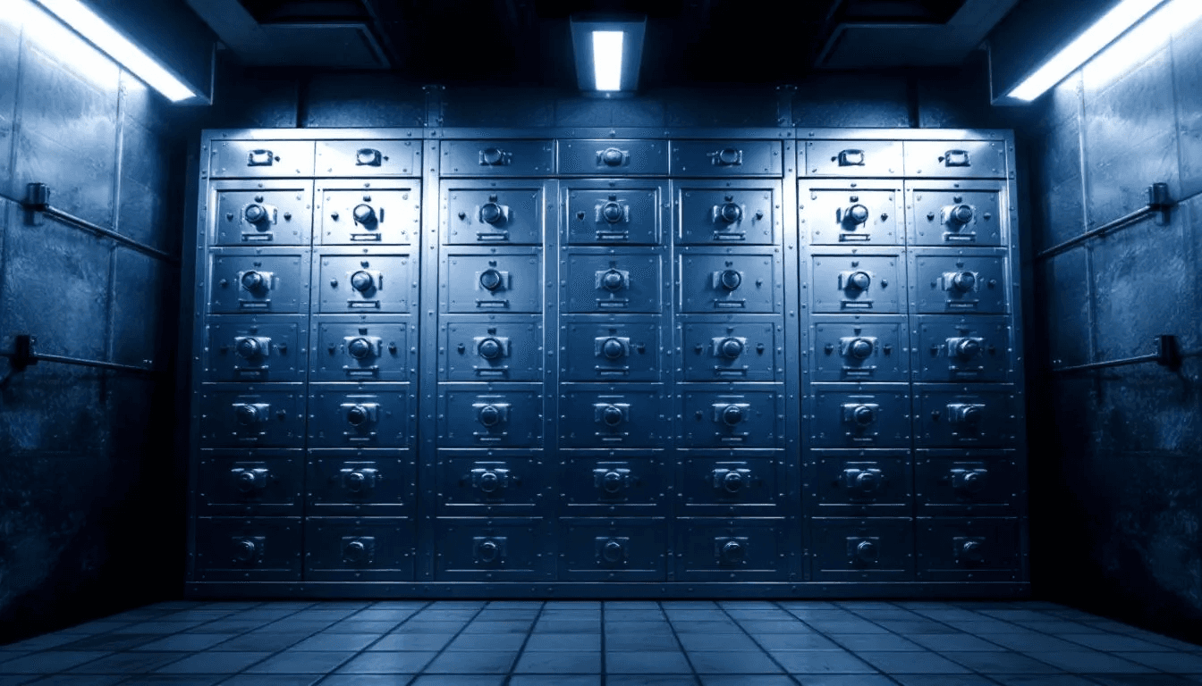 The image depicts a secure safe deposit box within a bank vault, emphasizing high security for storing valuable items. This setting symbolizes the importance of safely backing up digital assets, such as bitcoin wallets, and highlights the need for methods like hardware wallets and recovery phrases to protect against risks like theft or device loss.